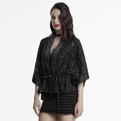 OY-1726XDF Black Satin Gothic Coat with Kimono Sleeve Details