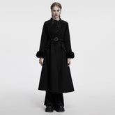 OY-1740ECF Luxurious Gothic Coat Long Black Fur Trim Belted