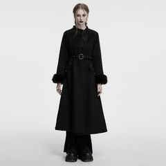 OY-1740ECF Luxurious Gothic Coat Long Black Fur Trim Belted