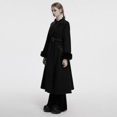 OY-1740ECF Luxurious Gothic Coat Long Black Fur Trim Belted