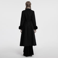 OY-1740ECF Luxurious Gothic Coat Long Black Fur Trim Belted