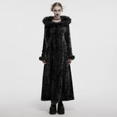 OY-1747XCF Velvet Gothic Coat Long Furry Trim Dramatic Dark Style Luxurious Velvet Gothic Coat with Dramatic Fur Accents Gothic Coat Furry Trim Velvet Longline Dramatic Dark Fashion