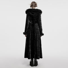 OY-1747XCF Velvet Gothic Coat Long Furry Trim Dramatic Dark Style Luxurious Velvet Gothic Coat with Dramatic Fur Accents Gothic Coat Furry Trim Velvet Longline Dramatic Dark Fashion