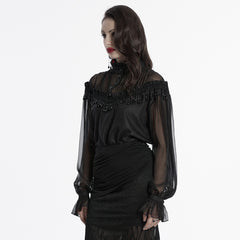 OY-1748CCF Gothic Sheer Black Lace Fringed High Collar Shirt