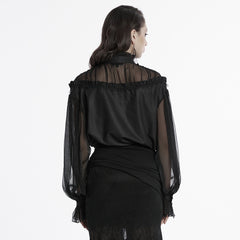 OY-1748CCF Gothic Sheer Black Lace Fringed High Collar Shirt