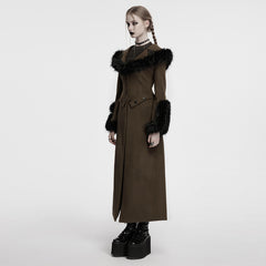 OY-1754ECF Gothic Coat Long Brown Fur Trimmed Victorian Style
