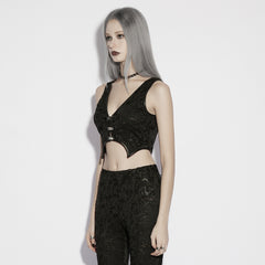 OY-1803MJF Gothic Vest Black Buckle Lace Crop Top Edgy Style