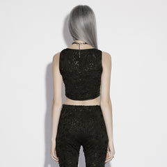 OY-1803MJF Gothic Vest Black Buckle Lace Crop Top Edgy Style