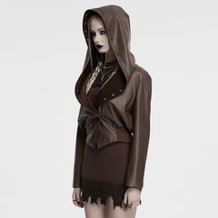 OY-1836PDF Hooded Faux Leather Punk Jacket with Studded Trim Unisex Style