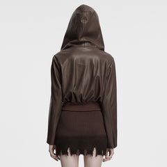 OY-1836PDF Hooded Faux Leather Punk Jacket with Studded Trim Unisex Style