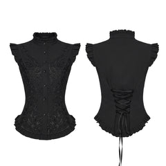 OY-1919CDF Victorian Embroidered Lace Up Ruffled Sleeveless Gothic Shirt