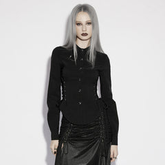 OY-1928CCF Sleek Black Gothic Shirt with Corset Lacing Details