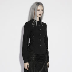 OY-1928CCF Sleek Black Gothic Shirt with Corset Lacing Details
