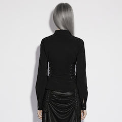 OY-1928CCF Sleek Black Gothic Shirt with Corset Lacing Details