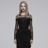 OZT-835TCF Gothic Shirts Lace Mesh Long Sleeve Elegant Black Top