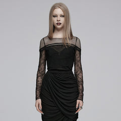 OZT-835TCF Gothic Shirts Lace Mesh Long Sleeve Elegant Black Top
