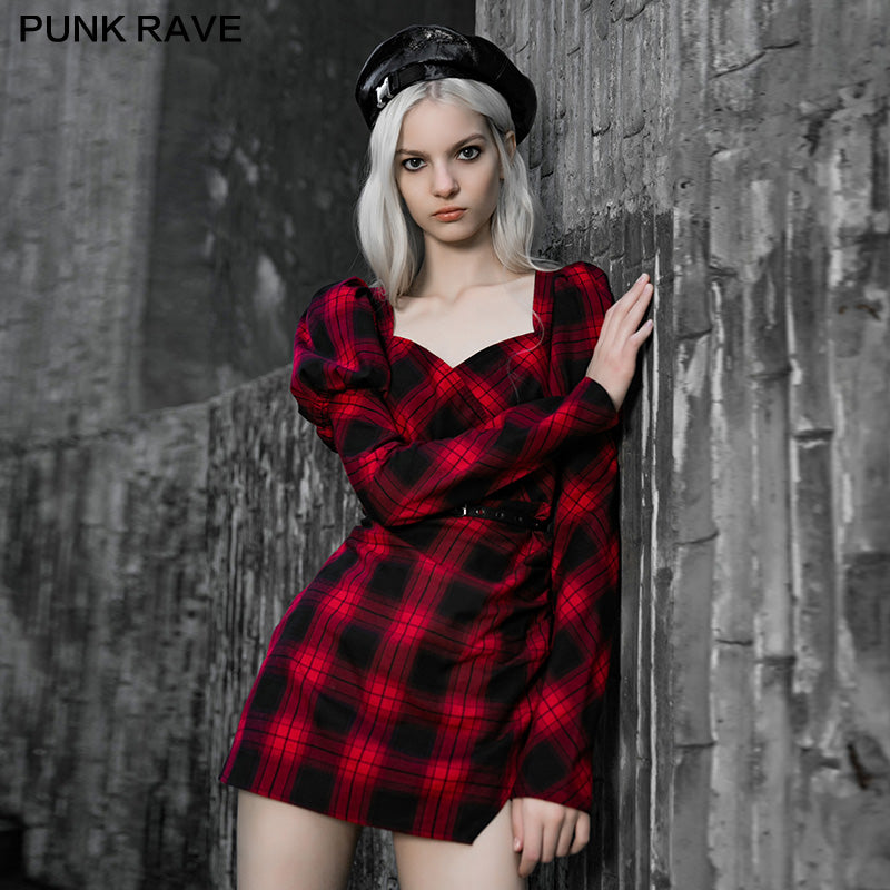 OPQ-735LQF Red and black plaid with princess sleeves dress?-??Punk Rave Clothing
