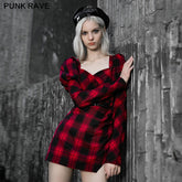 OPQ-735LQF Red and black plaid with princess sleeves dress?-??Punk Rave Clothing