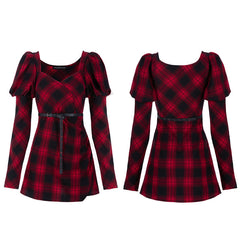 OPQ-735LQF Red and black plaid with princess sleeves dress?-??Punk Rave Clothing