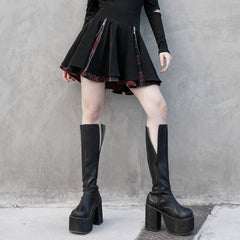 OPQ-948BQF Gothic Black Punk Skirt Plaid Trim Zipper Accent Design