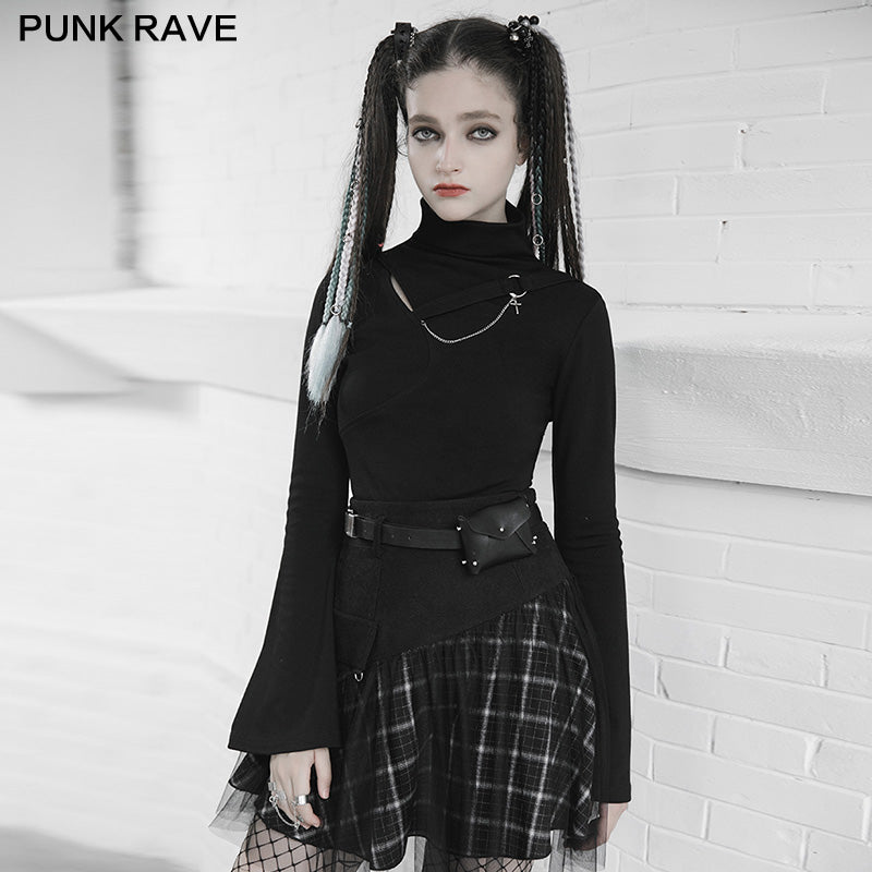OPT-556TCF Punk strap chain decorated trumpet sleeve fit T-shirt?-??Punk Rave Clothing