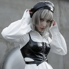 OPT-574DQF Sleek Black Punk Corset Half-Cup Zip Front Top?-??Punk Rave Clothing