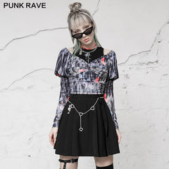 OPT-578TCF Square-cut collar stretch mesh printed Top?-??Punk Rave Clothing