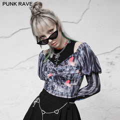 OPT-578TCF Square-cut collar stretch mesh printed Top?-??Punk Rave Clothing