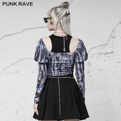 OPT-578TCF Square-cut collar stretch mesh printed Top?-??Punk Rave Clothing