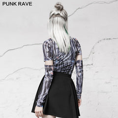 OPT-579TCF Millennium E-Worm high neck elastic mesh print top?-??Punk Rave Clothing