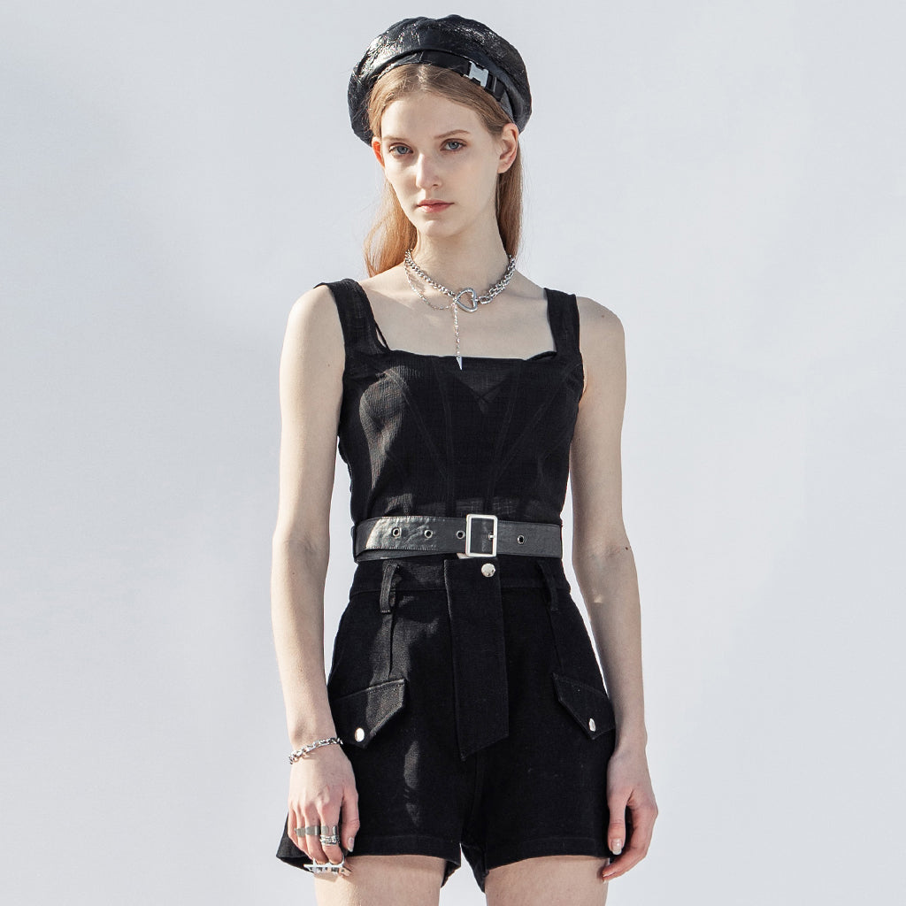 OPT-613BXF Edgy Mesh Tank Top with Belted Accents Punk Shirts?-??Punk Rave Clothing