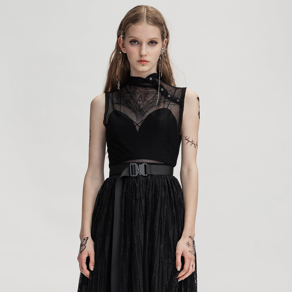 OPT-621BXF Gothic Mesh Elastic Black Vest with Belted Waist Design?-??Punk Rave Clothing