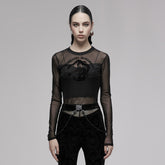 OPT-747DQF Edgy Black Mesh Long Sleeve Punk T-Shirt