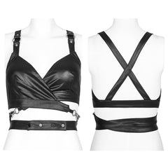 OPT-749BXF Edgy Strappy Leather Harness Top, your ultimate Punk Accessory Edgy Harness Punk Shirts Leather Wrap Crossback Design