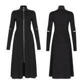 OPY-487XCF Gothic Coat Long Sleek Black Zip-Up Dress