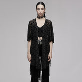 OPY-656DPF Gothic Coat Sheer Fringe Layered Black Longline Jacket Gothic Sheer Lace Fringe Open Front Coat Women