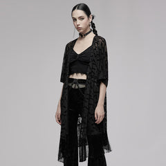 OPY-656DPF Gothic Coat Sheer Fringe Layered Black Longline Jacket Gothic Sheer Lace Fringe Open Front Coat Women