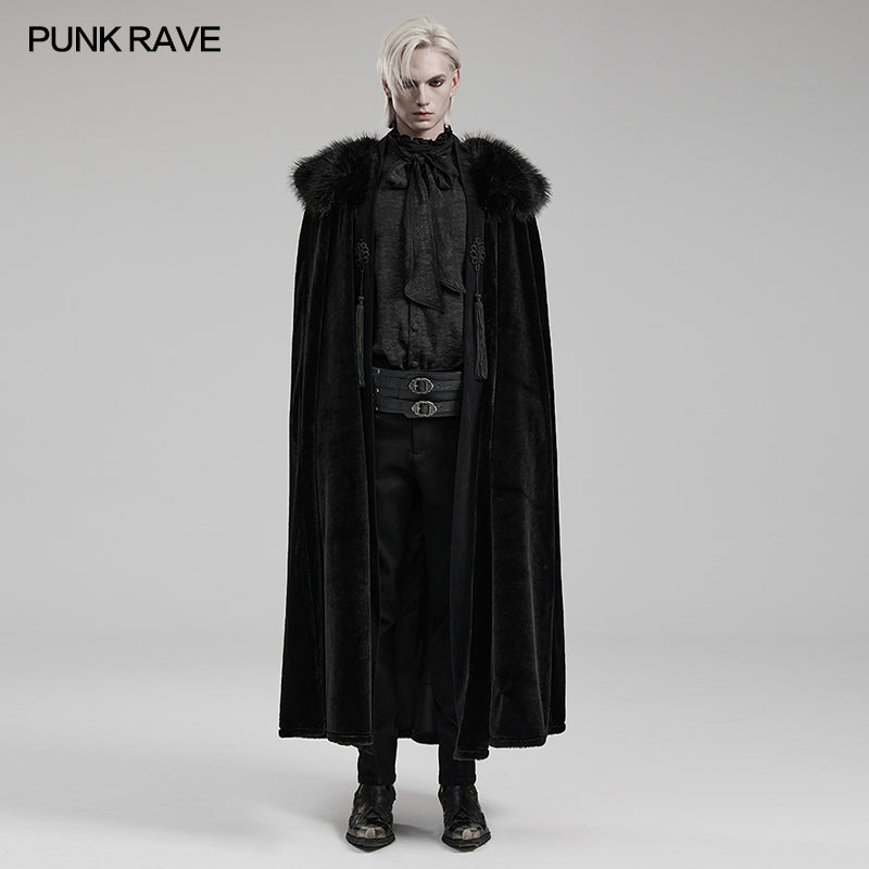 Punk Rave WY-1557DPM Warm Fur Collar Handsome Mens Goth Cloak?-??Punk Rave Clothing