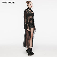 Punk Rave WY-1567XCF Cracked Leather And Chiffon Goth Perspective Long Cardigan?-??Punk Rave Clothing
