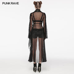 Punk Rave WY-1567XCF Cracked Leather And Chiffon Goth Perspective Long Cardigan?-??Punk Rave Clothing