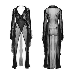 Punk Rave WY-1567XCF Cracked Leather And Chiffon Goth Perspective Long Cardigan?-??Punk Rave Clothing