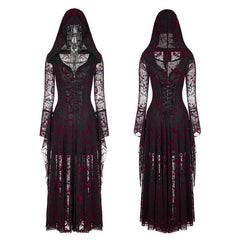 Punk Rave WY-836 Red Hooded Lace Long Dress Coat?-??Punk Rave Clothing
