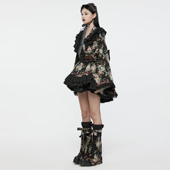Q-114 floral Frilled Gothic Dress with Ribbon Accents and Layered Skirt?-??Punk Rave Clothing