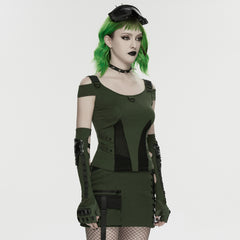 WT-1065TDF Green Mesh Accent Cutout Punk T-Shirts Edgy Shoulder Straps