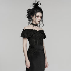 WT-1094TDF Gothic T-Shirt Off-Shoulder Lace Ruffle Victorian Style Top