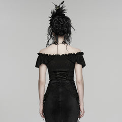WT-1094TDF Gothic T-Shirt Off-Shoulder Lace Ruffle Victorian Style Top