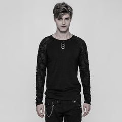 WT-524TCM Gothic Black Ripped Sleeved Punk T Shirts with Metal Rings