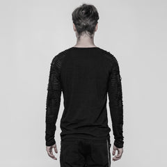 WT-524TCM Gothic Black Ripped Sleeved Punk T Shirts with Metal Rings