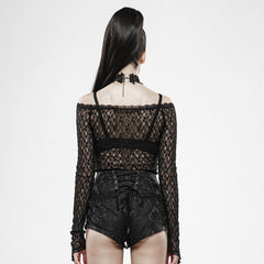 WT-598TCF Gothic Lace Transparent Long Sleeve T-Shirt Black Mesh Design?-??Punk Rave Clothing