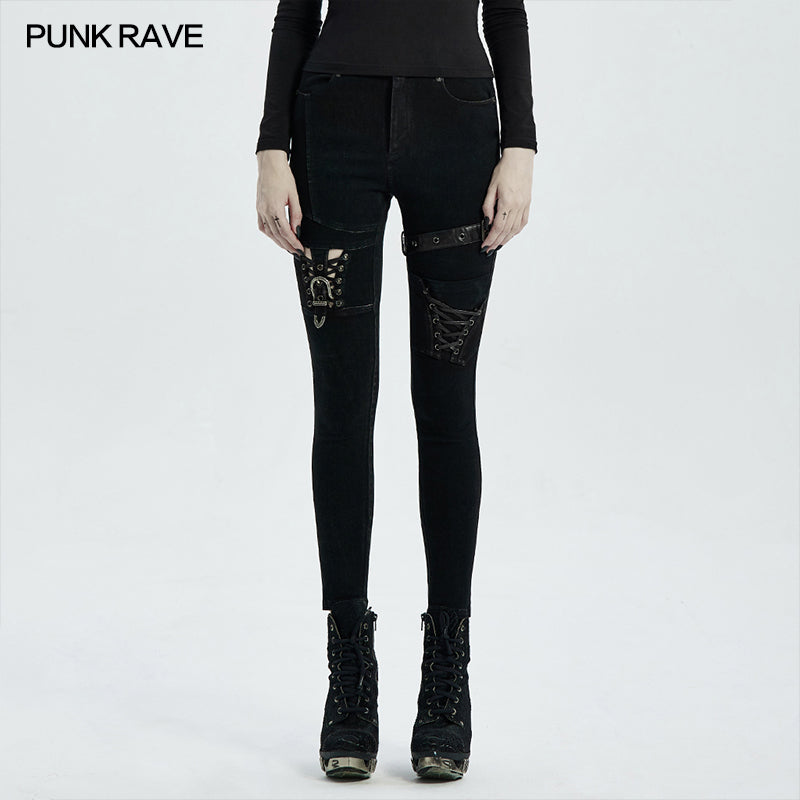 WK-468NCF Punk knee deconstructed hollow denim trousers?-??Punk Rave Clothing